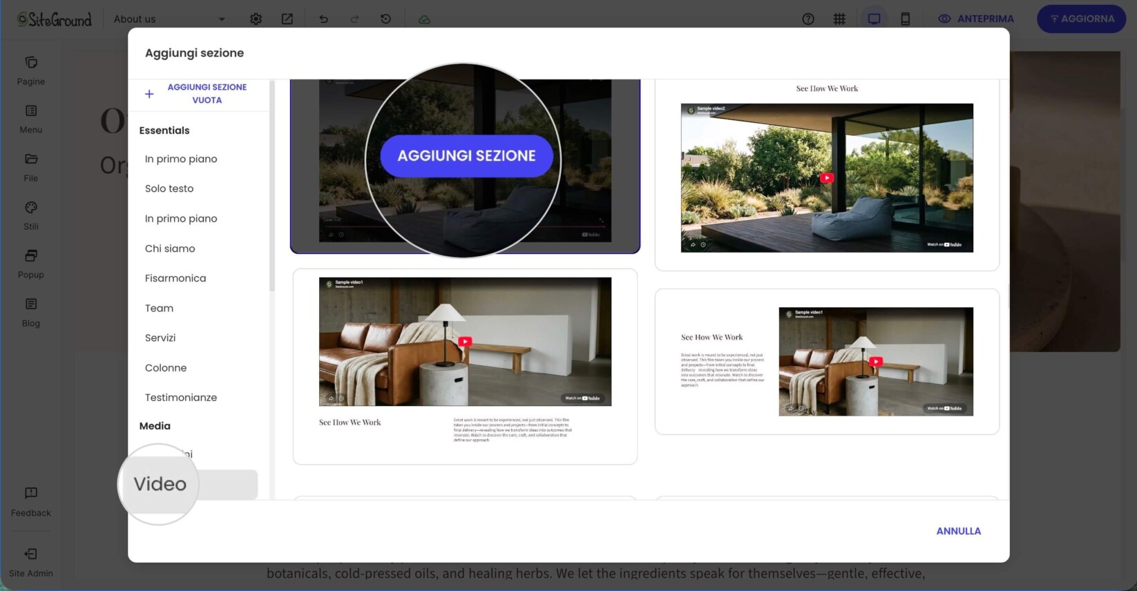 Modale Aggiungi sezione in Website Builder che mostra i layout delle sezioni video disponibili per incorporare video in una pagina
