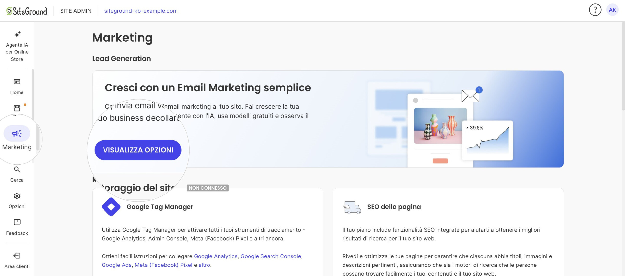 La sezione Marketing del Site Admin con il banner Email Marketing e il pulsante Visualizza opzioni.