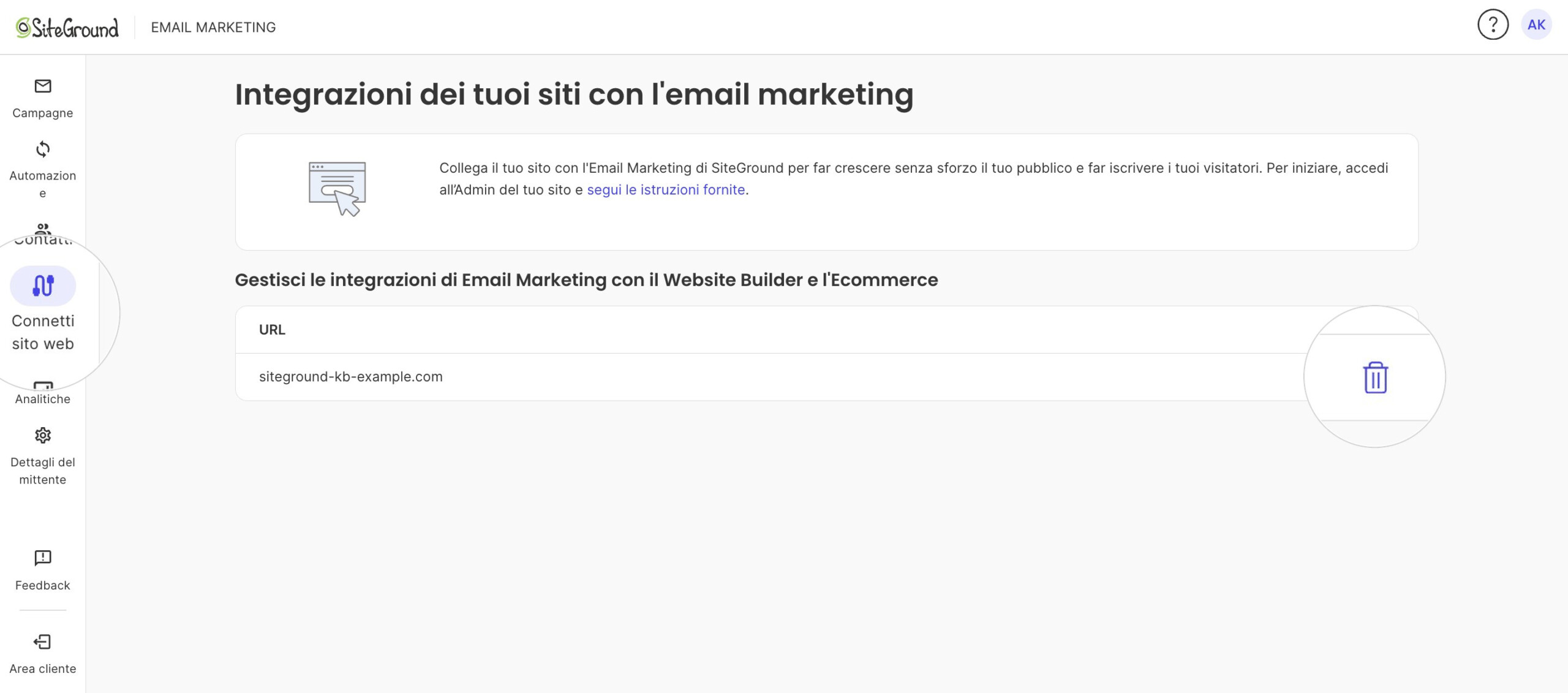 Il pannello Email Marketing con il sito collegato e l'icona del cestino per rimuovere l'integrazione.