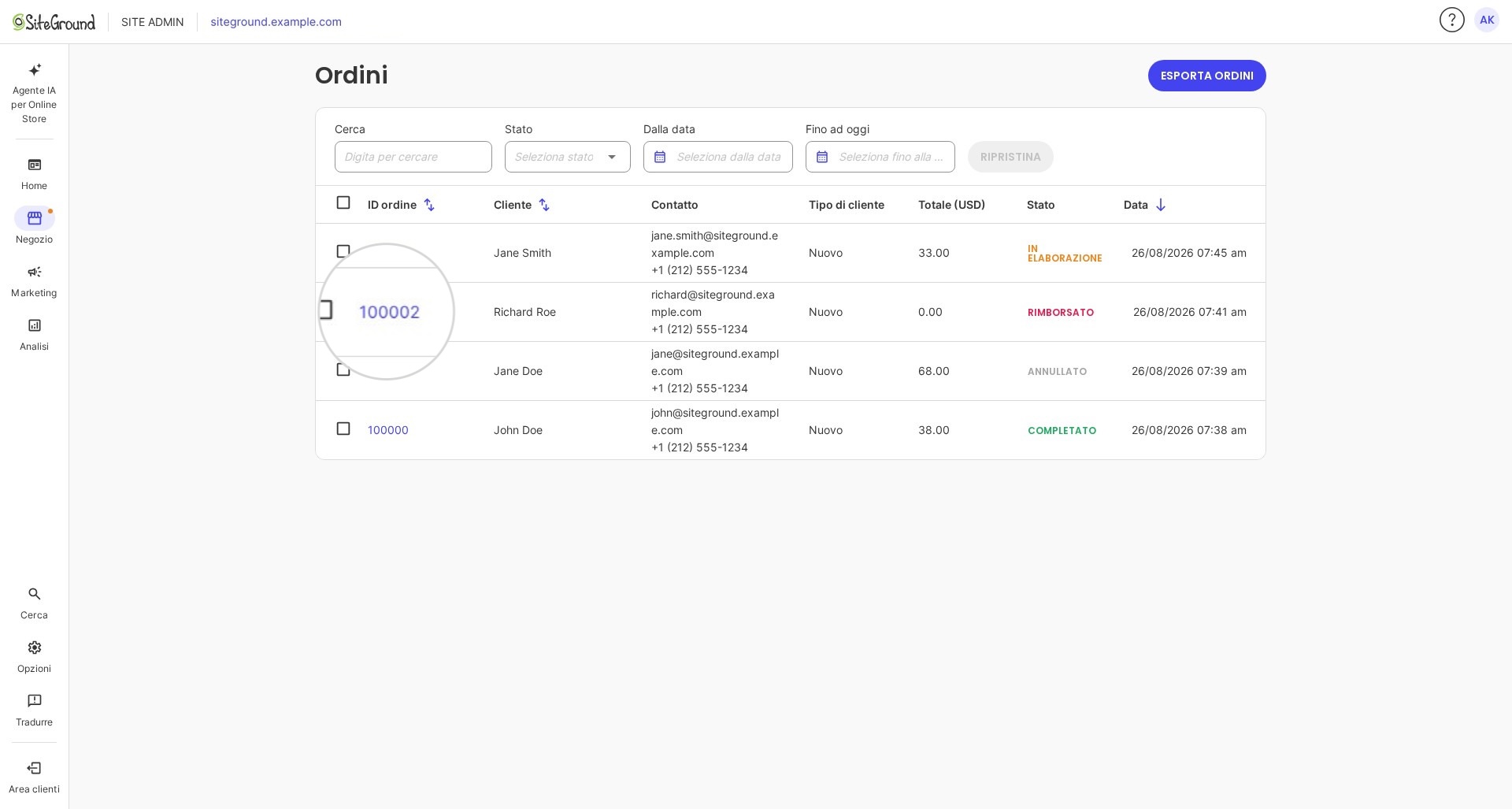 L'elenco Ordini con le colonne ID ordine, cliente, contatto, totale, stato e data.