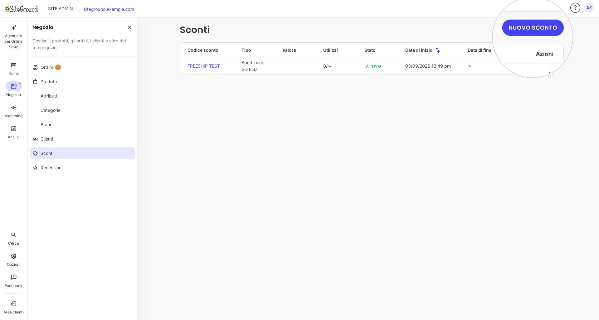 Site Admin con il menu Negozio aperto su Sconti; l'elenco evidenzia il pulsante NUOVO SCONTO in alto a destra.