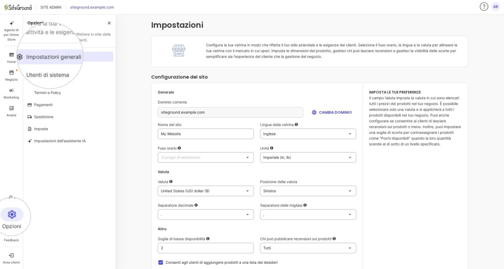 Sezione Impostazioni in SiteGround Ecommerce