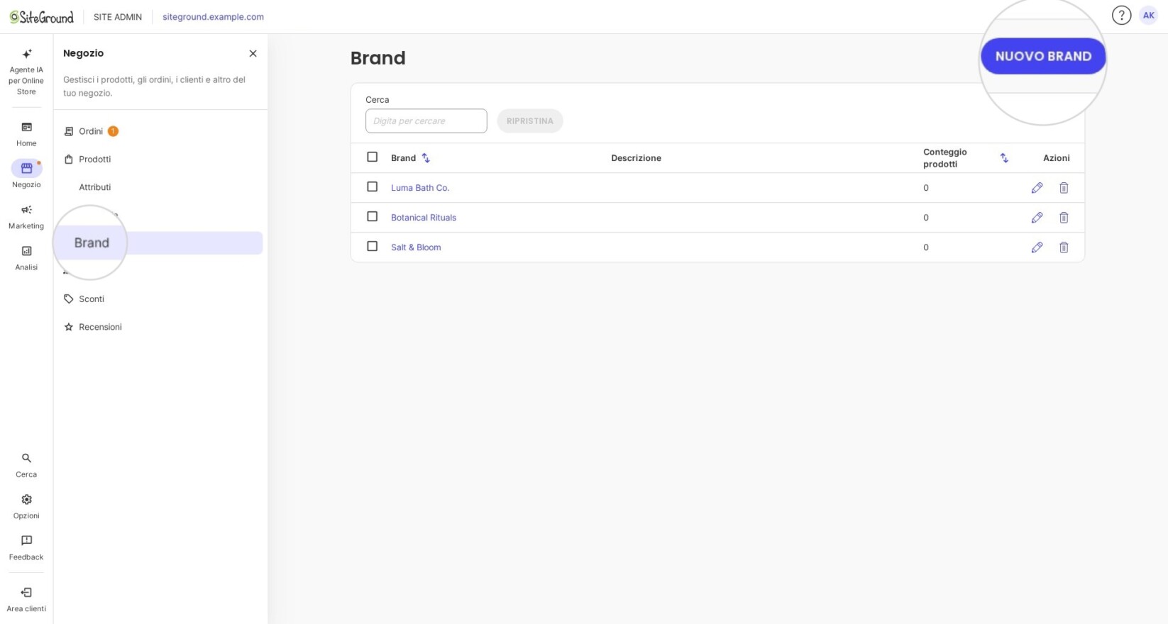 Pulsante Nuovo brand nella sezione Marchi in SiteGround Ecommerce