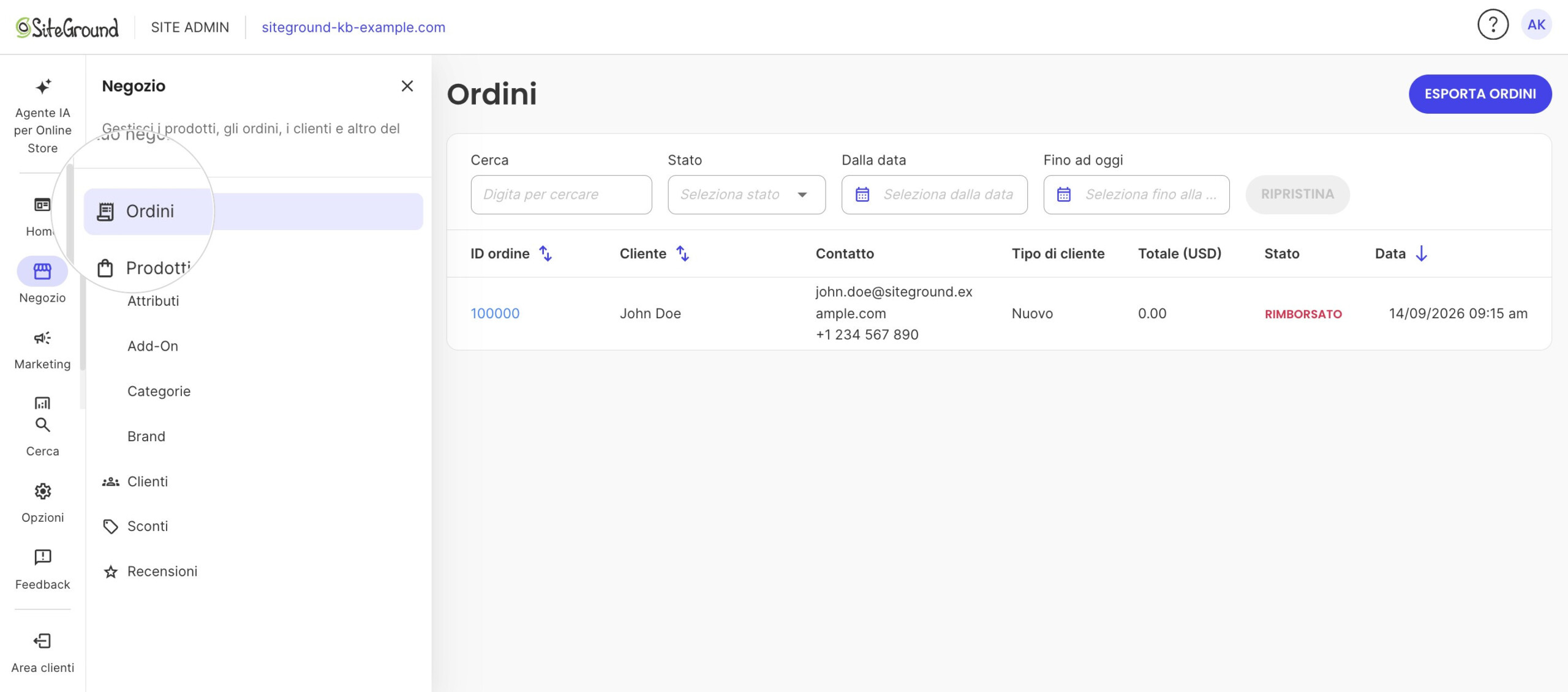 La pagina Ordini aperta in Site Admin, con il menu Negozio che mostra Ordini selezionato.