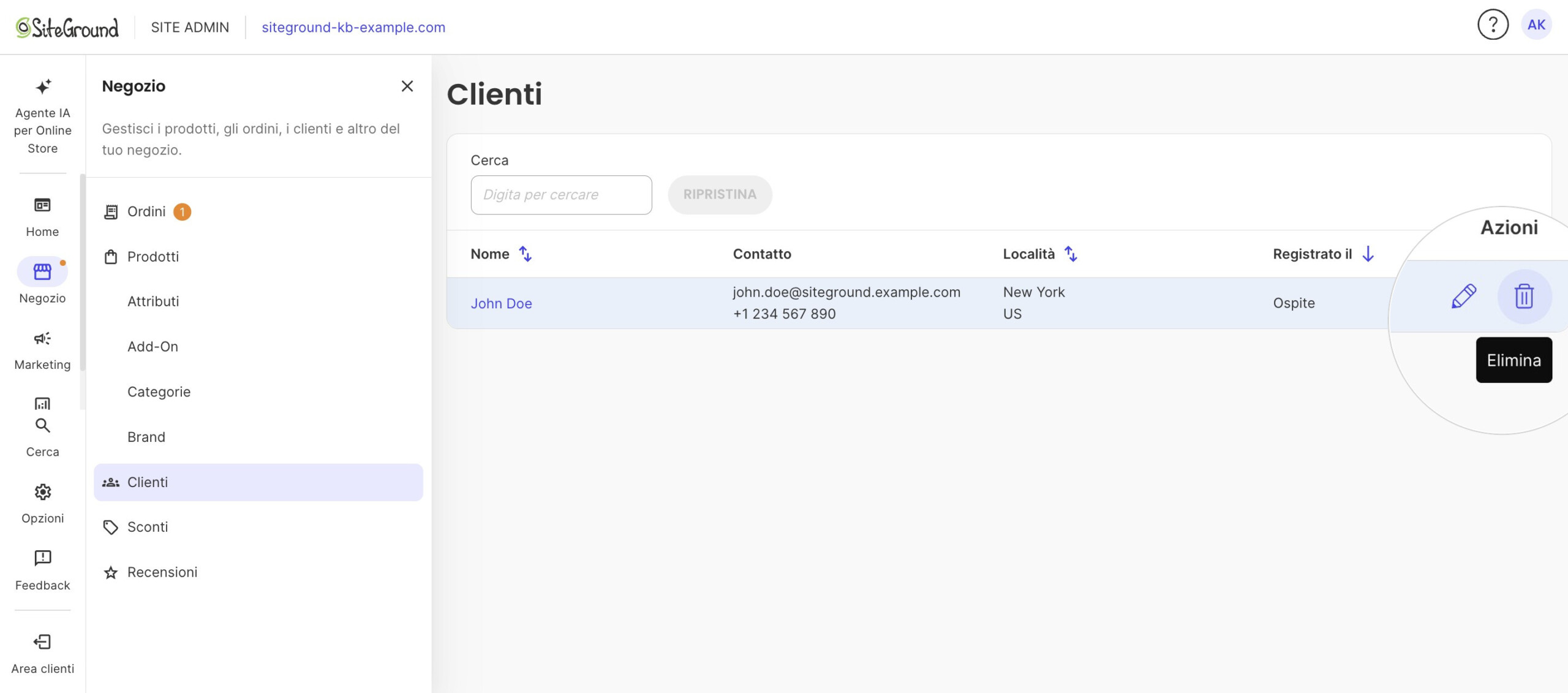 Il pannello Negozio aperto su Clienti, con l'azione Elimina della riga sotto il puntatore e il tooltip.