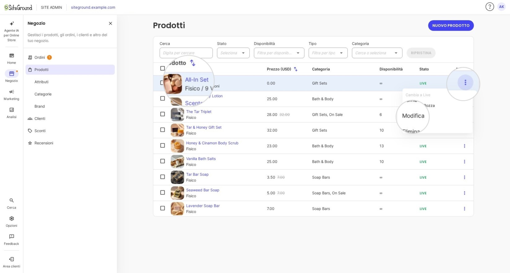 Modifica di un prodotto in SiteGround Ecommerce