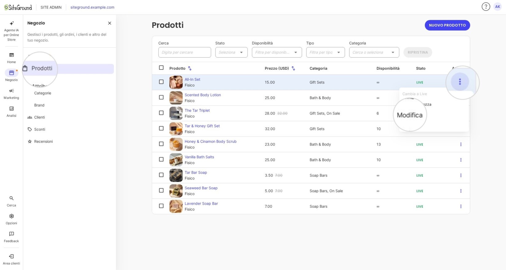 Modifica di un prodotto per aggiungere immagini in SiteGround Ecommerce