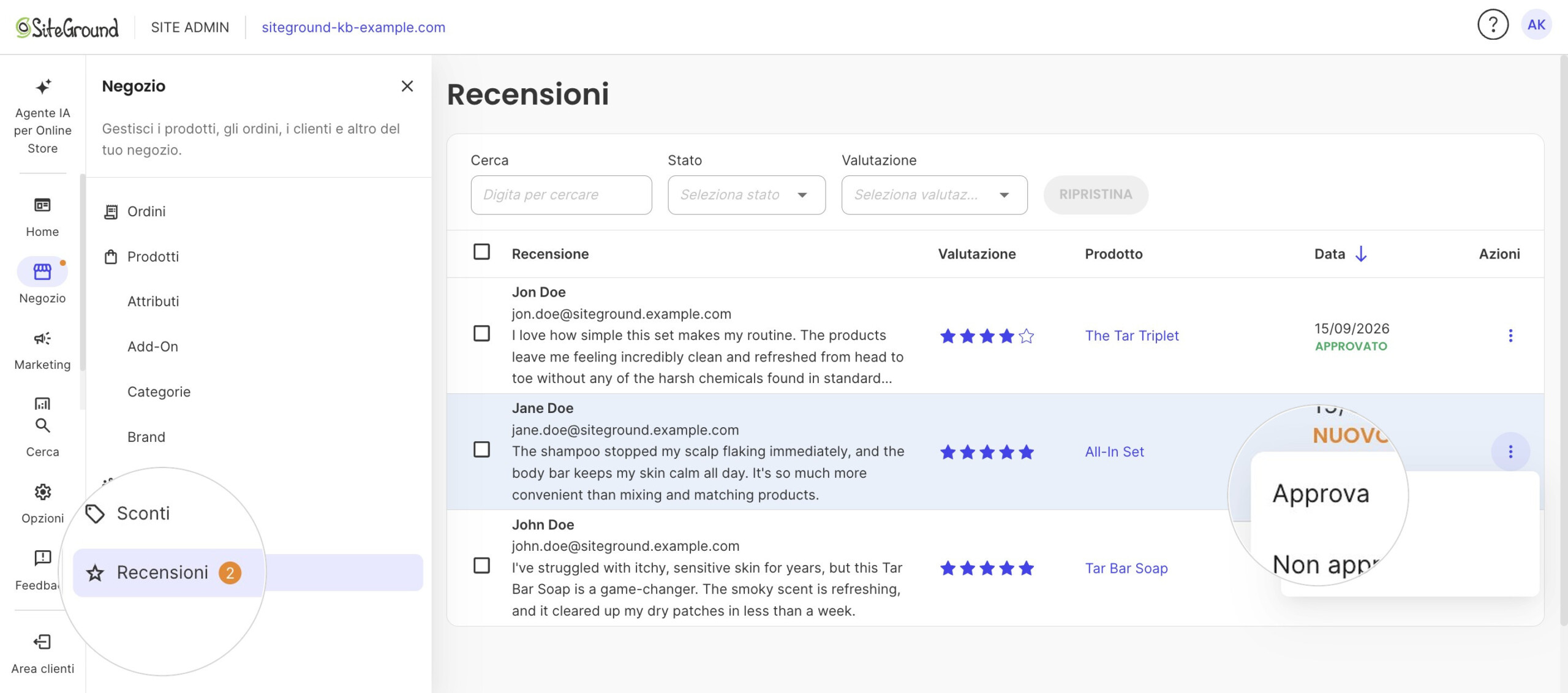 L'elenco Recensioni con il menu Azioni aperto su una recensione in stato Nuovo e Approva ingrandito.