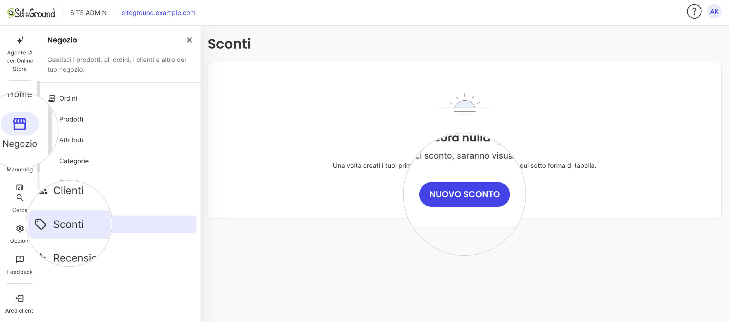 Site Admin con il menu Negozio aperto su Sconti; la pagina Sconti vuota evidenzia il pulsante NUOVO SCONTO.