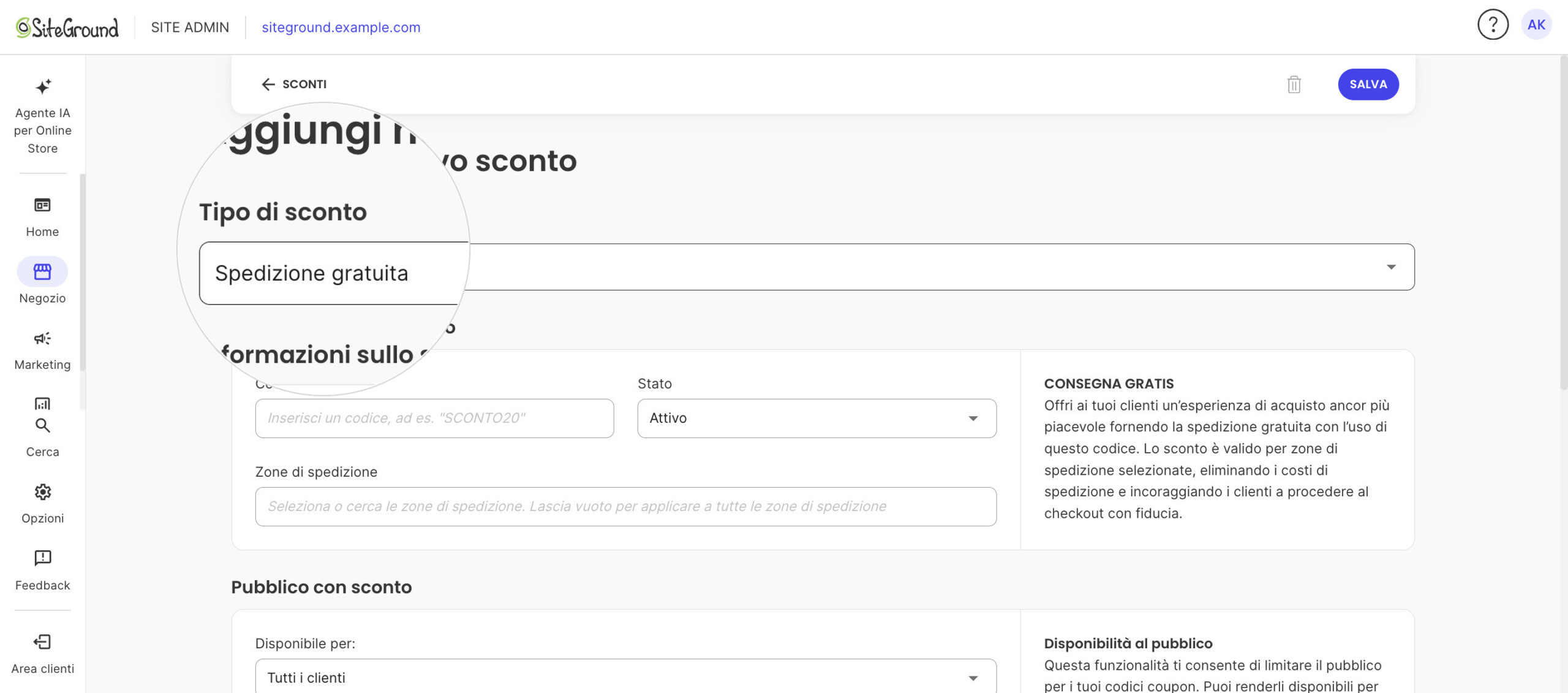 Il modulo Aggiungi nuovo sconto, con la lente su Tipo di sconto impostato su Spedizione gratuita.