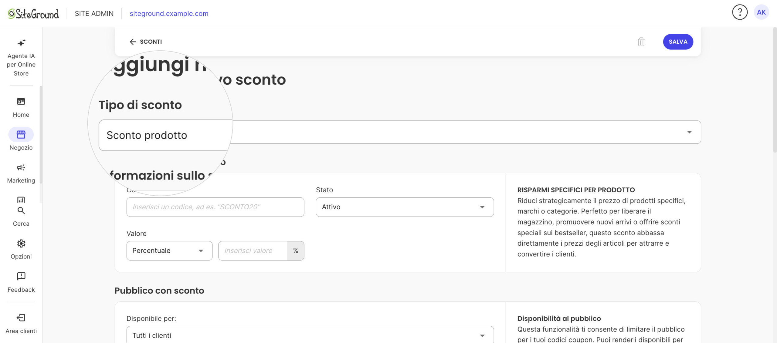 Il modulo Aggiungi nuovo sconto con Tipo di sconto su Sconto prodotto, sopra la sezione Informazioni sullo sconto.