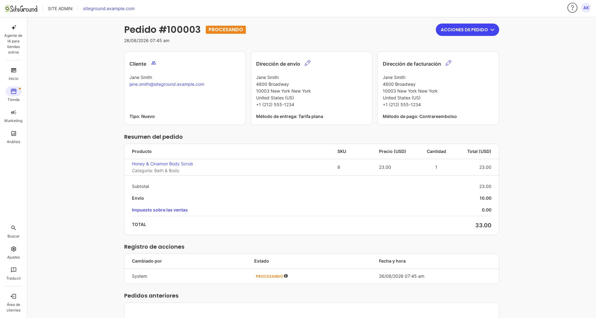 Un singolo ordine con le schede Cliente, Spedizione e Fatturazione, il Riepilogo e il Registro azioni.