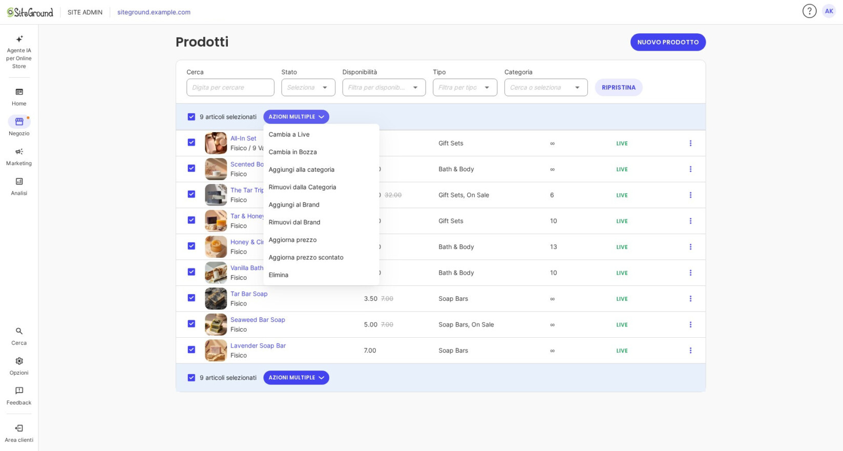 Menu a tendina delle azioni in blocco