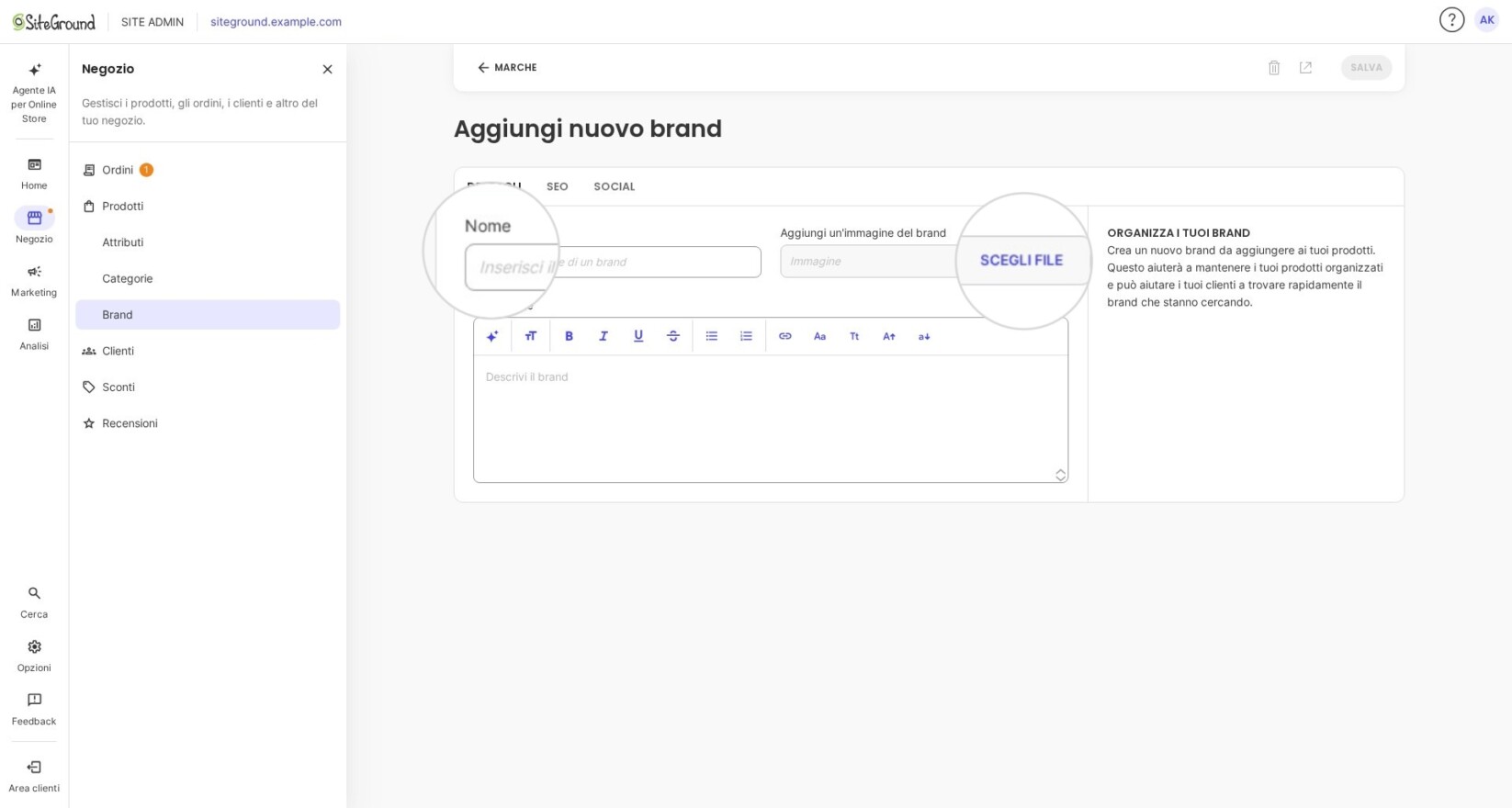 Campi Nome del marchio e Immagine del marchio in un editor di marchi
