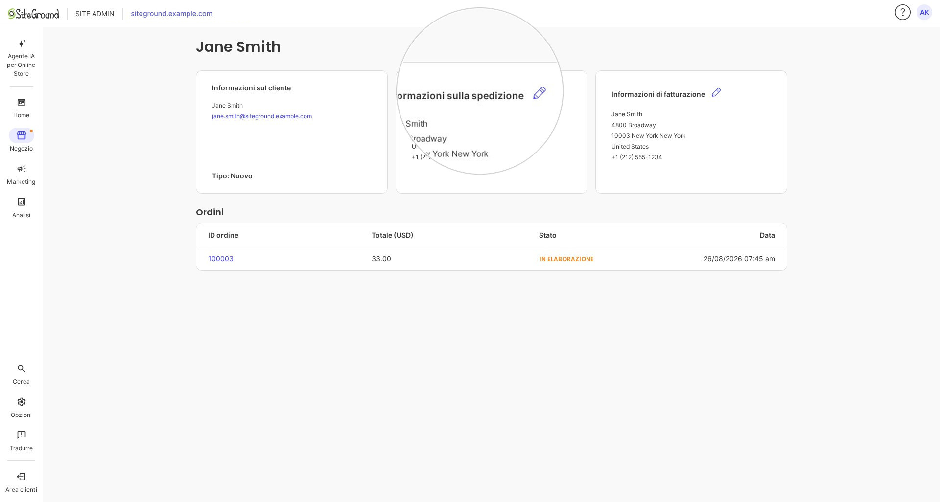 La pagina dettagli cliente con le schede Informazioni cliente, spedizione e fatturazione.