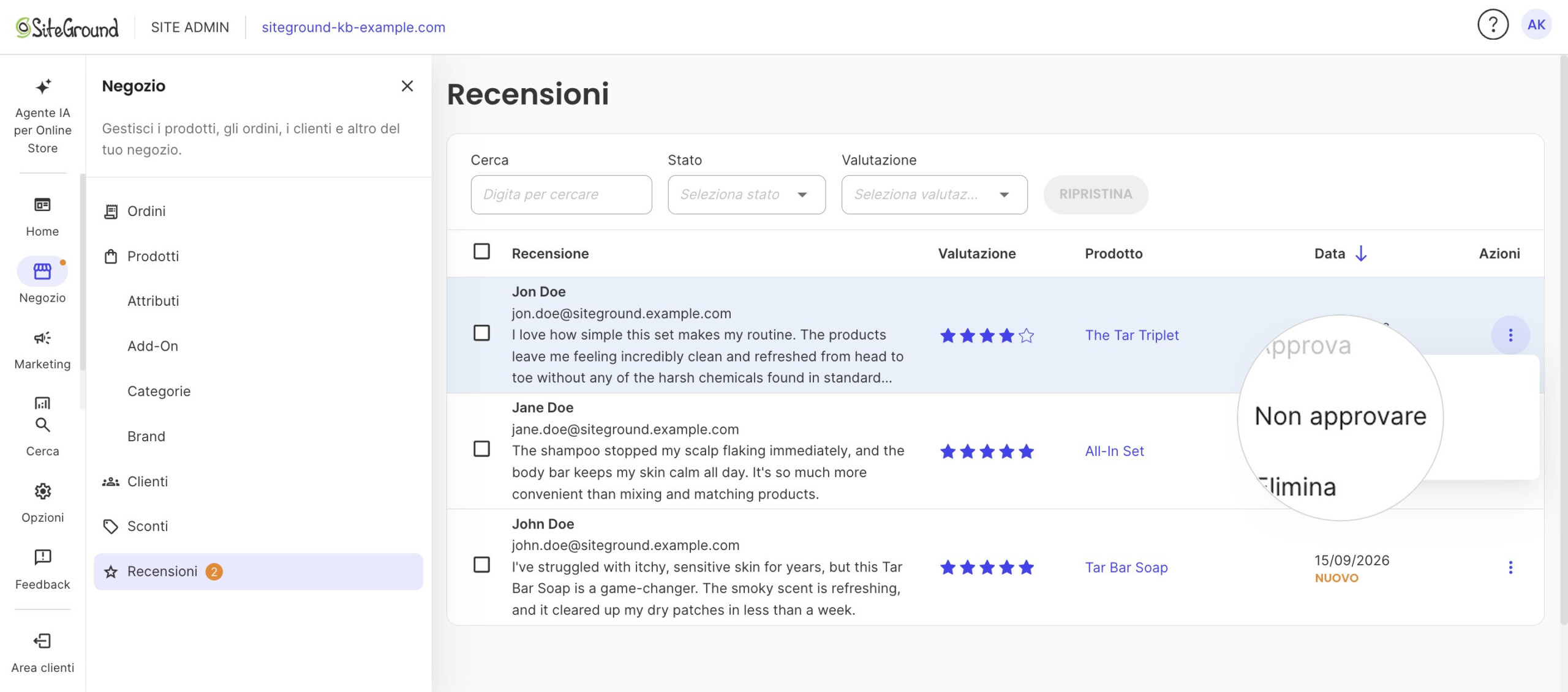 Il menu Azioni di una recensione approvata, con Approva disattivato e Non approvare ingrandito sopra Elimina.
