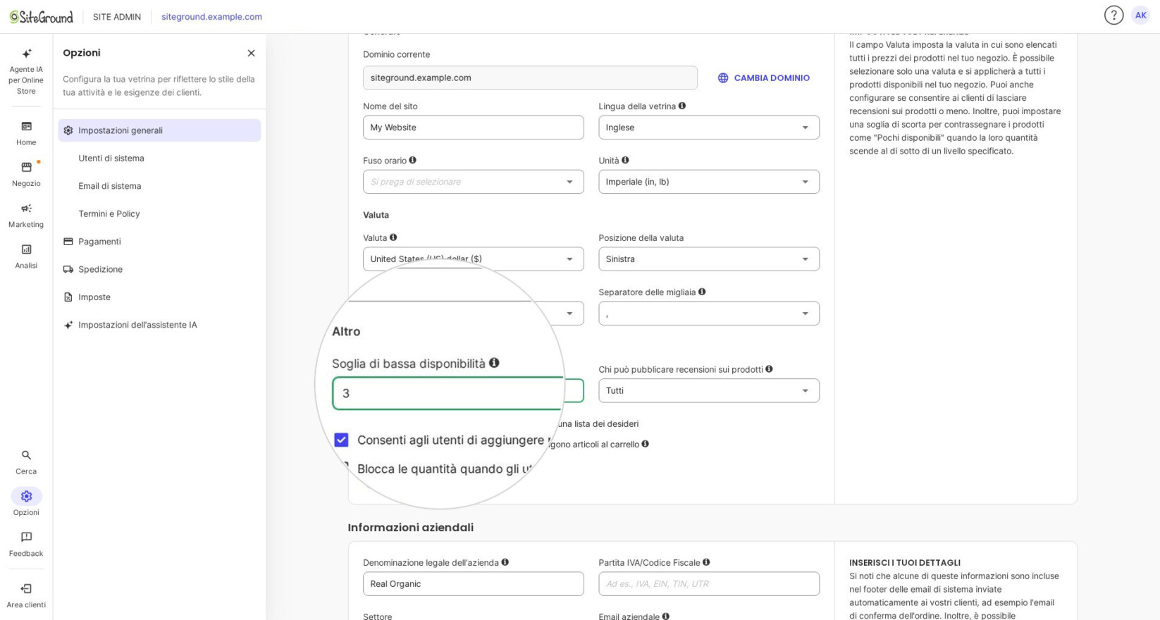 Definizione e salvataggio di una soglia di scorte basse in SiteGround Ecommerce