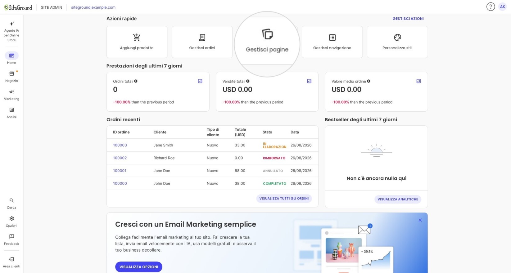 Dalla dashboard principale puoi utilizzare le Azioni rapide, selezionare Gestisci pagine e quindi accedere a Elenco prodotti