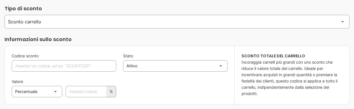 Il campo Tipo di sconto su Sconto carrello sopra la sezione Informazioni sullo sconto, con Stato Attivo.