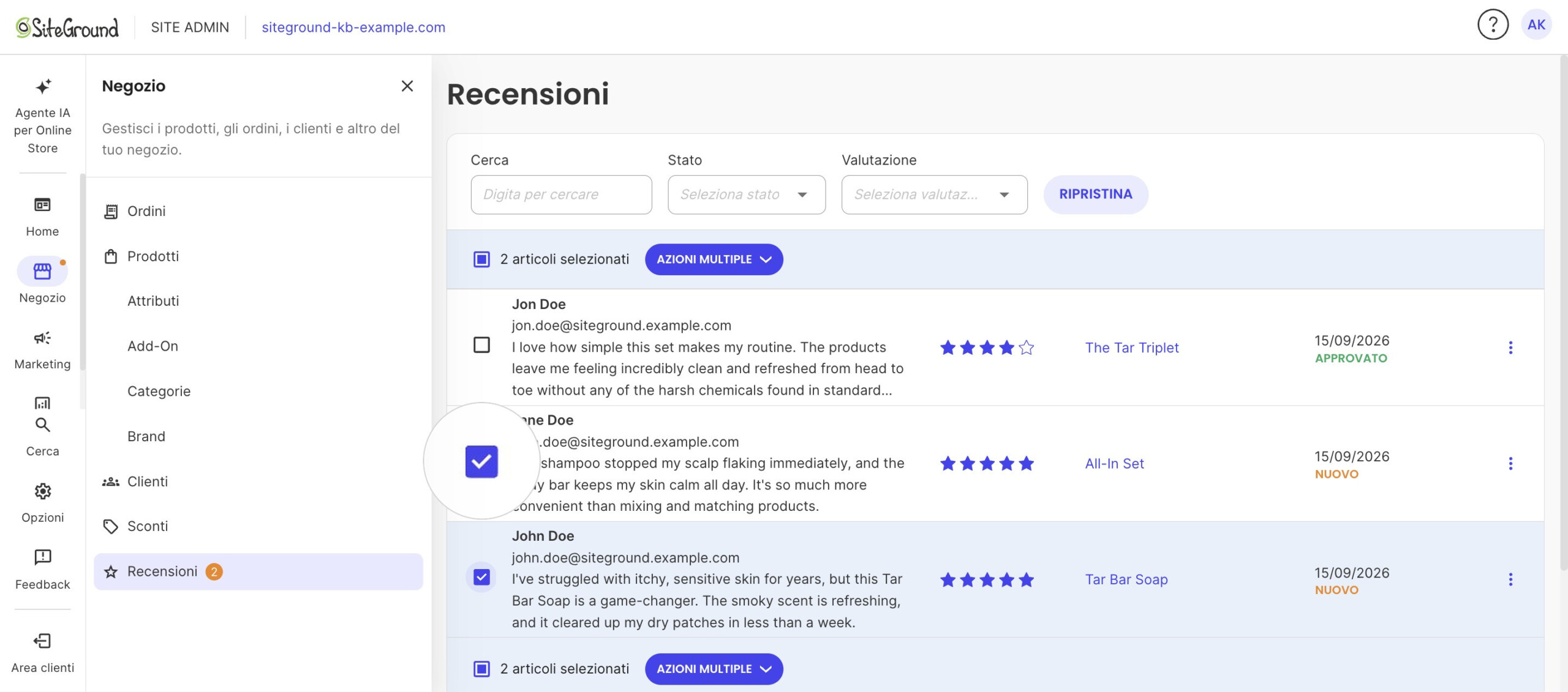 Due recensioni spuntate nell'elenco, con la barra che mostra 2 articoli selezionati e AZIONI MULTIPLE.