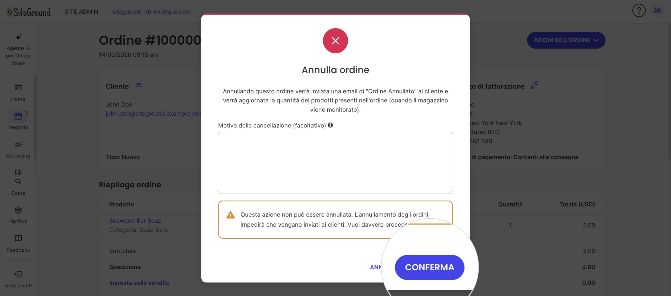 La finestra Annulla ordine che avverte che l'azione è irreversibile, con Conferma evidenziato.