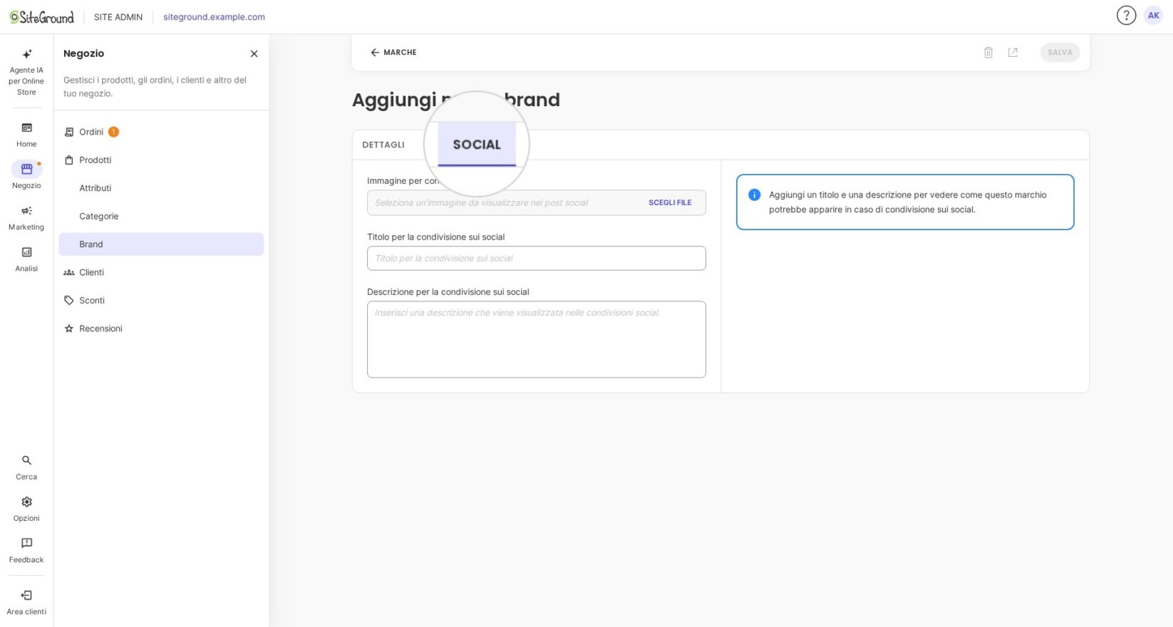 Impostazioni social del marchio in SiteGround Ecommerce