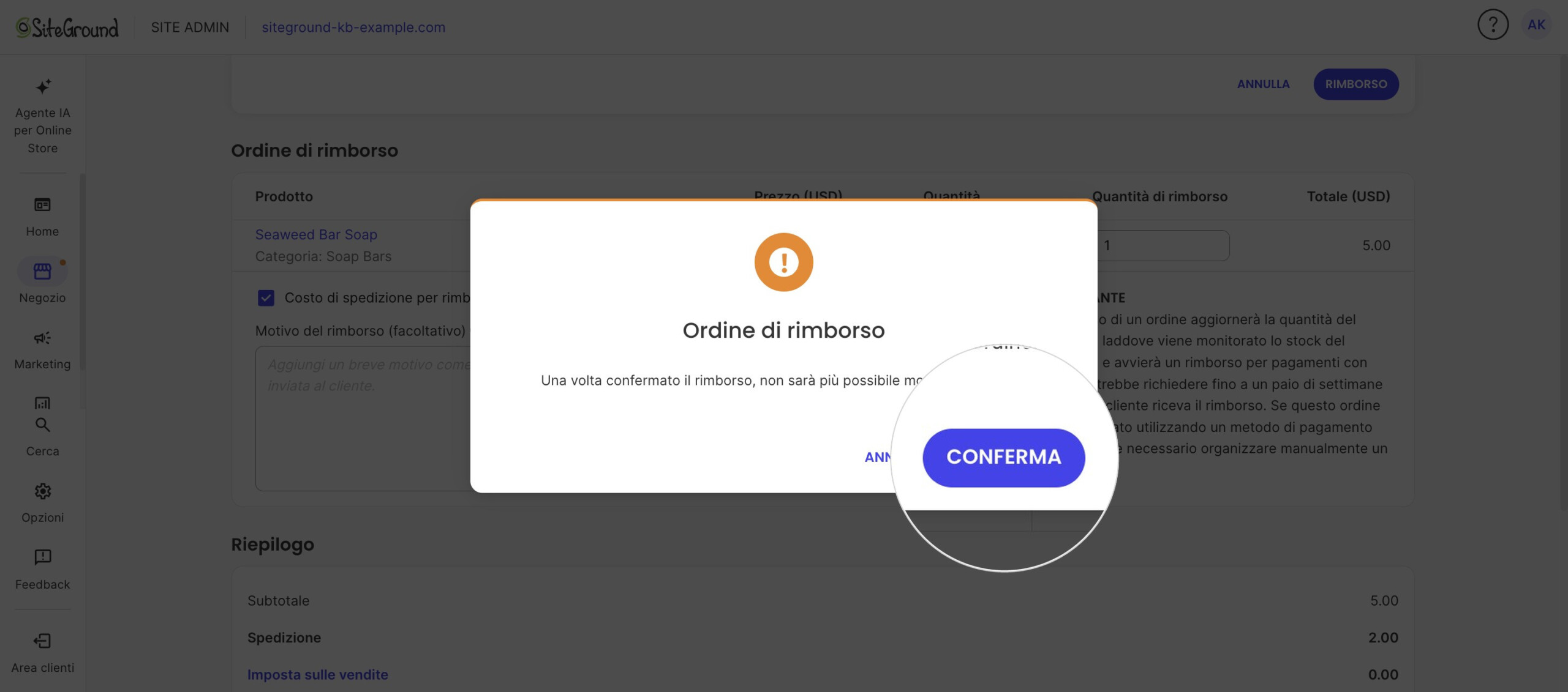 La finestra di avviso che indica che il rimborso non può essere annullato, con Conferma evidenziato.