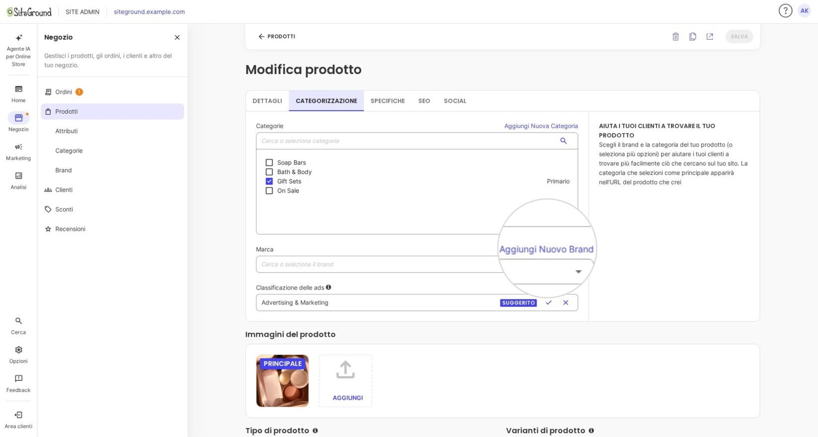Pulsante Aggiungi Nuovo Brand in un editor di prodotti