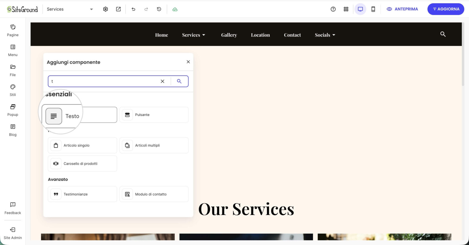 Il menu Aggiungi componente con l'elemento Testo selezionato per il posizionamento su una pagina.