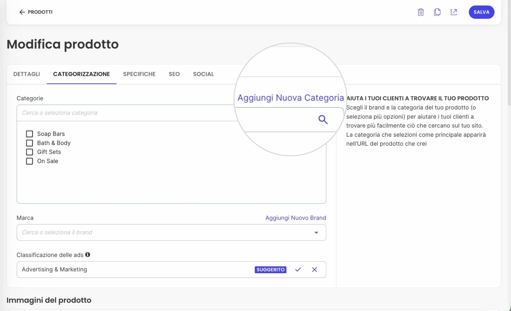 Pulsante Aggiungi Nuova Categoria all'interno di un editor di prodotto
