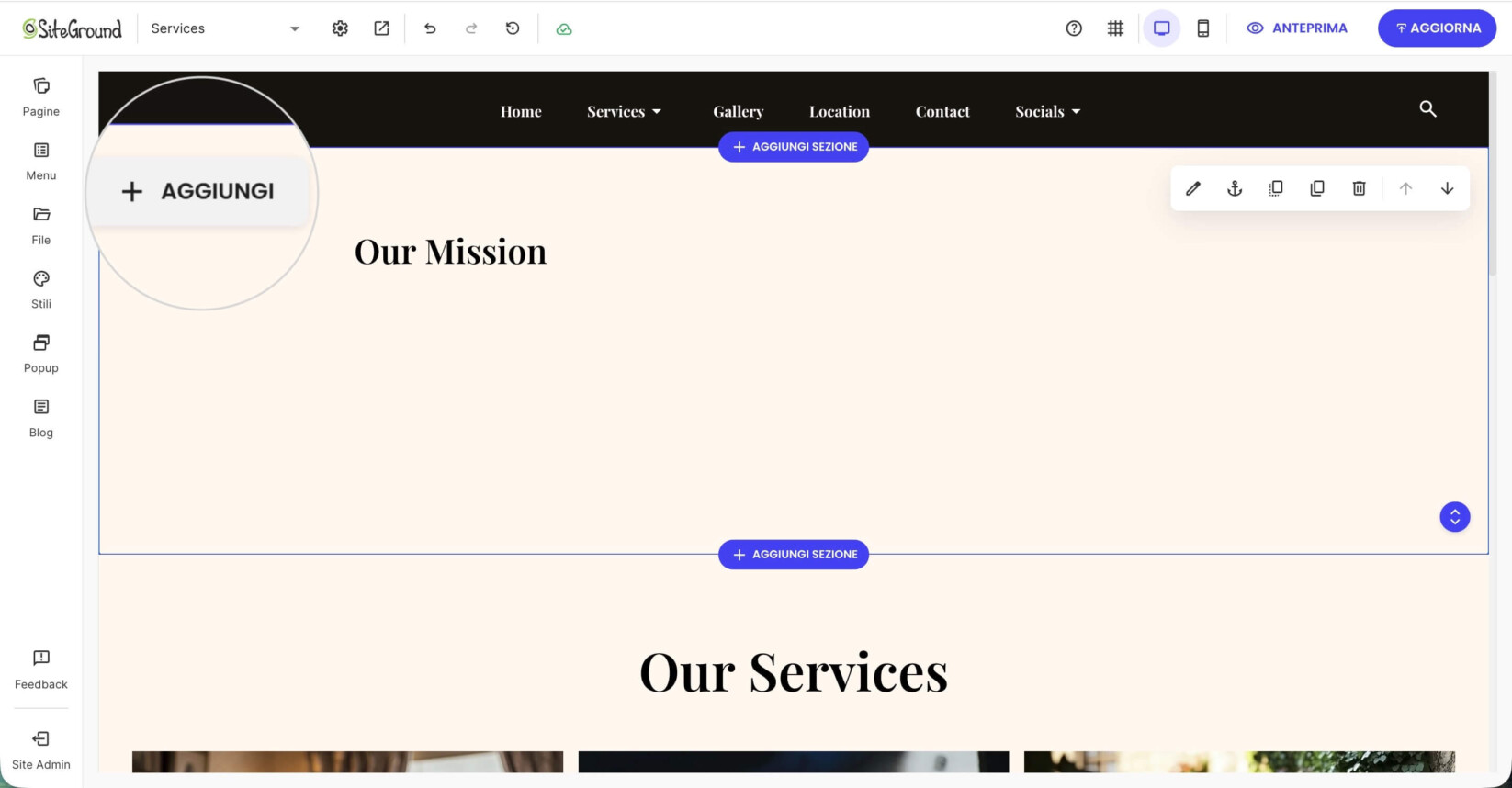 Interfaccia dell'editor della pagina Servizi con il pulsante Aggiungi sezione evidenziato.
