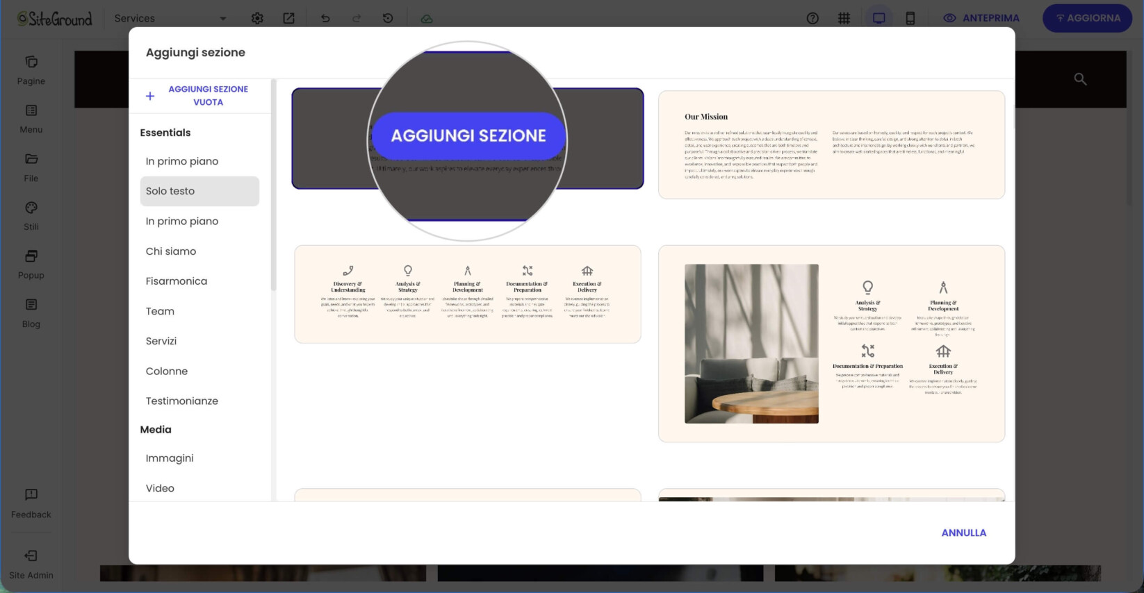 Un'anteprima del layout di una nuova sezione Solo testo prima di aggiungerla alla pagina.