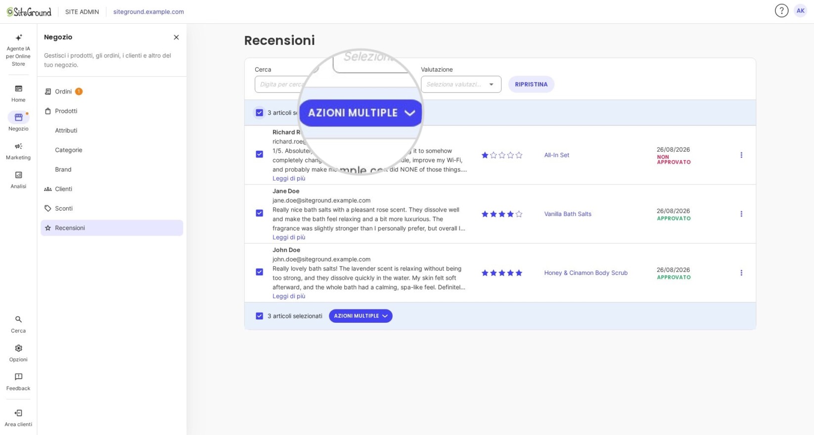 Pulsante Azioni multiple nella gestione delle recensioni