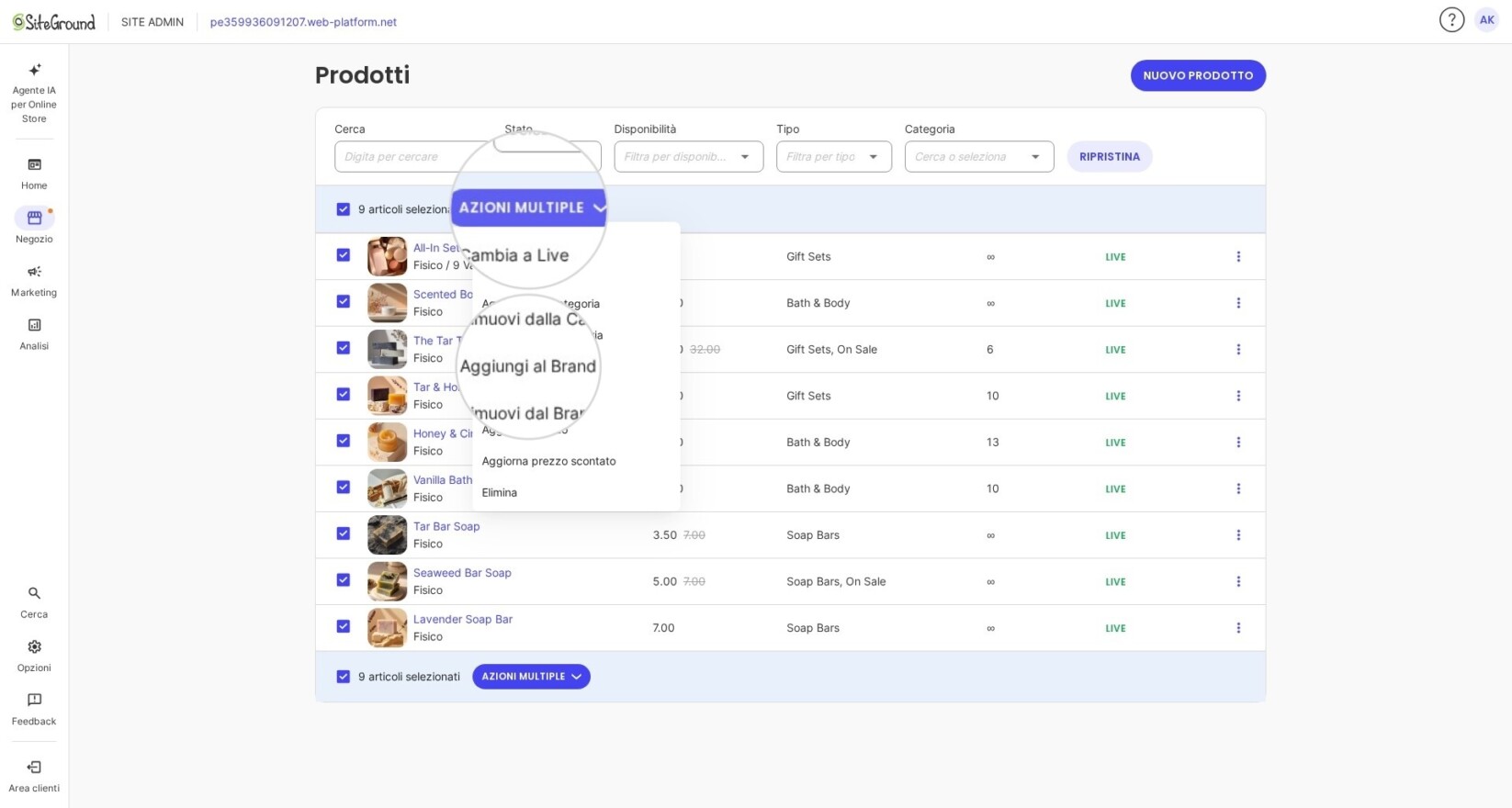 Aggiunta di più prodotti a un marchio in SiteGround Ecommerce