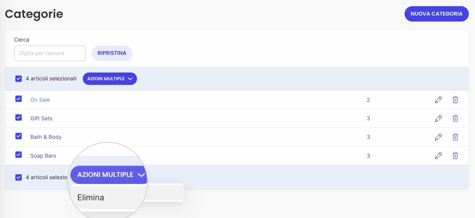 Eliminazione di più categorie usando il pulsante Azioni multiple