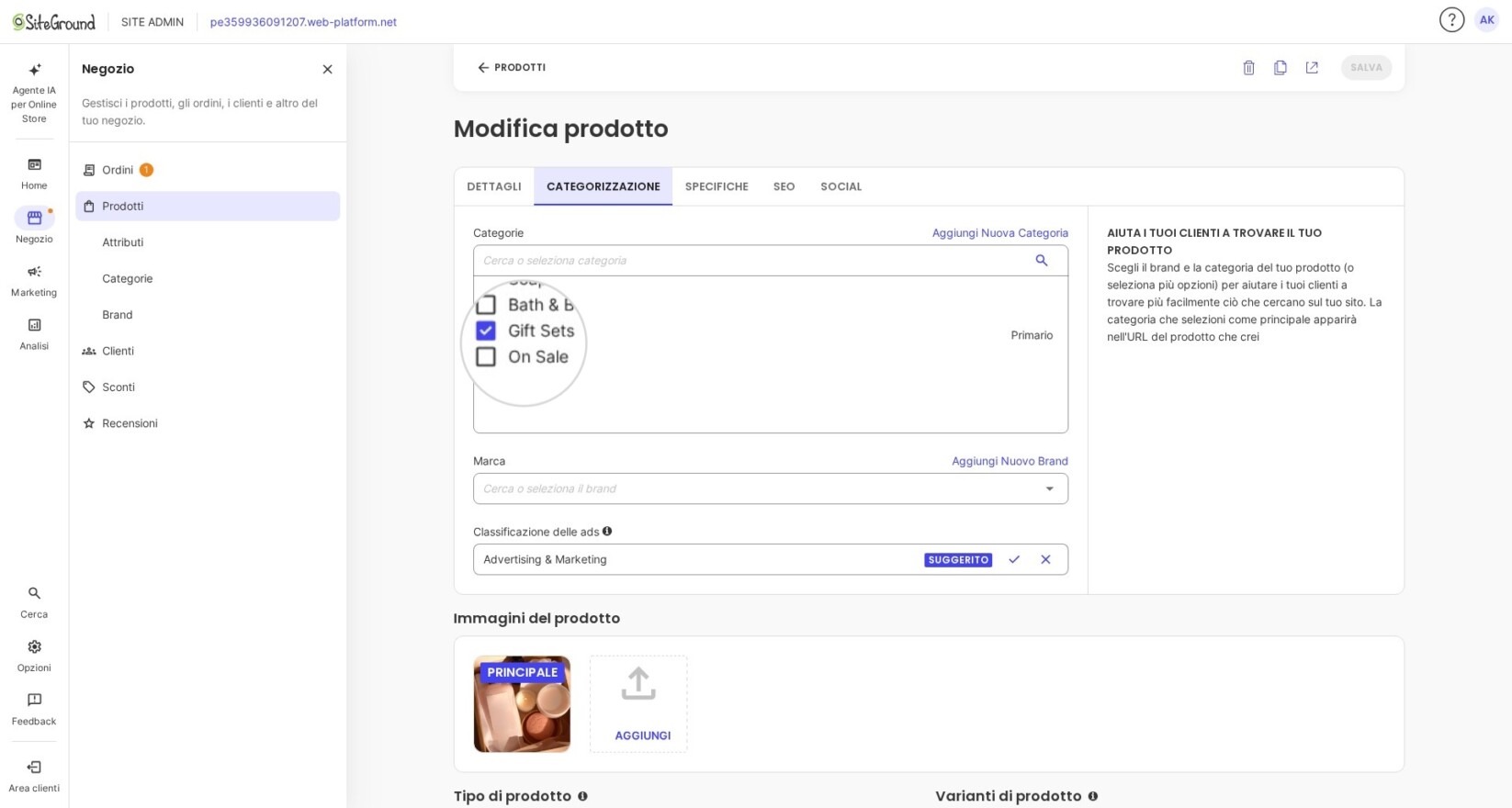 Seleziona la casella della categoria per il prodotto