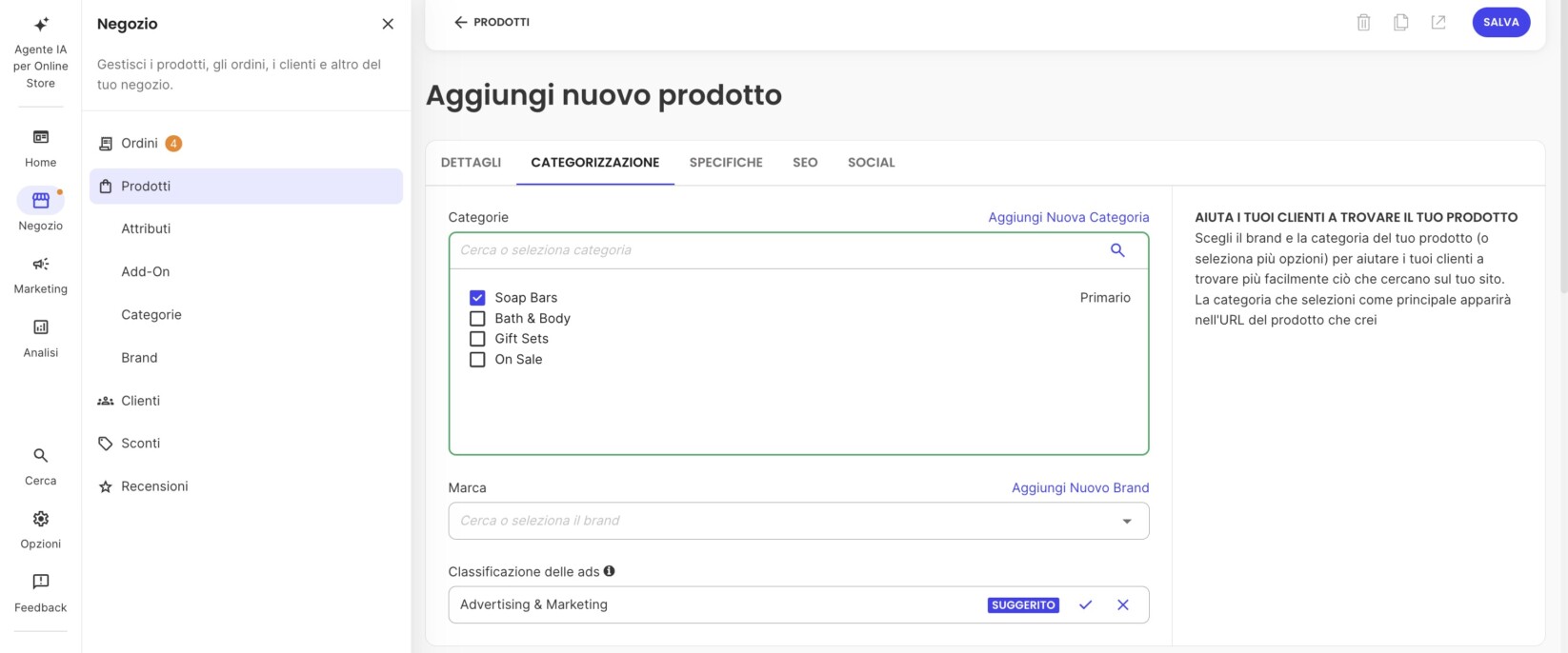 Impostazioni di categorizzazione per un nuovo prodotto in SiteGround Ecommerce