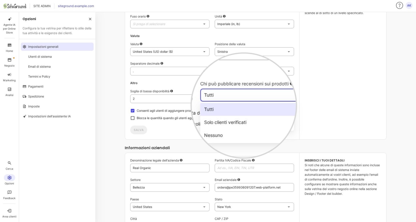 Menu a tendina con opzioni per consentire o disabilitare le recensioni dei prodotti