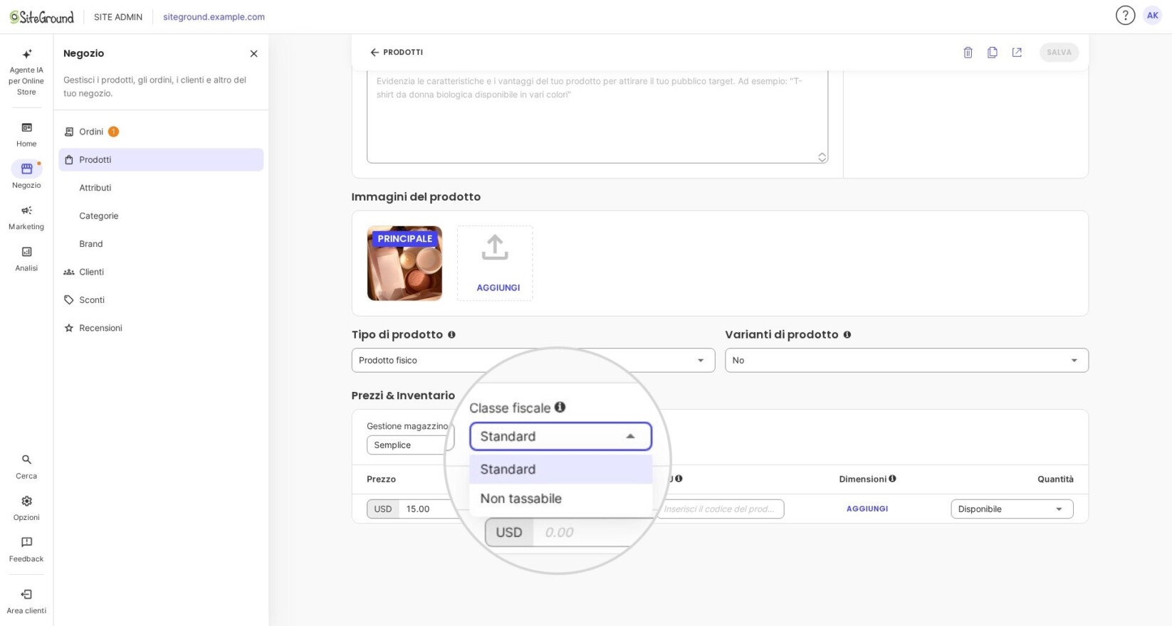 Schermata del pannello di SiteGround Ecommerce dove è possibile aggiungere nuovi prodotti. È evidenziato il menu 'Classe fiscale', dove l'utente può impostare la tassazione del prodotto su Standard o Non tassabile