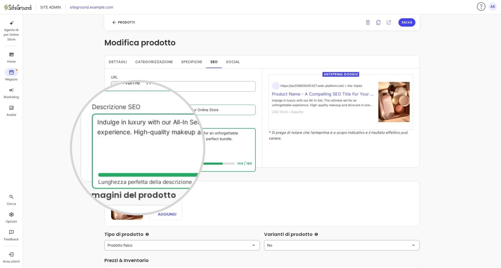 Campo di modifica della descrizione SEO di un prodotto in SiteGround Ecommerce