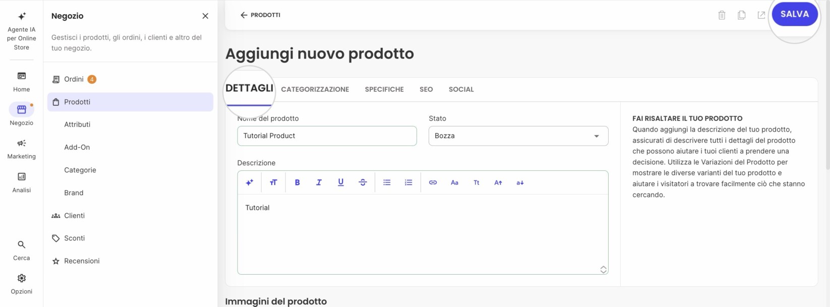 Descrizione e Nome nella pagina di un nuovo prodotto