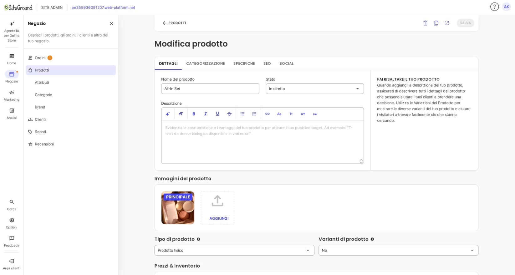 Salvataggio delle modifiche a un prodotto esistente