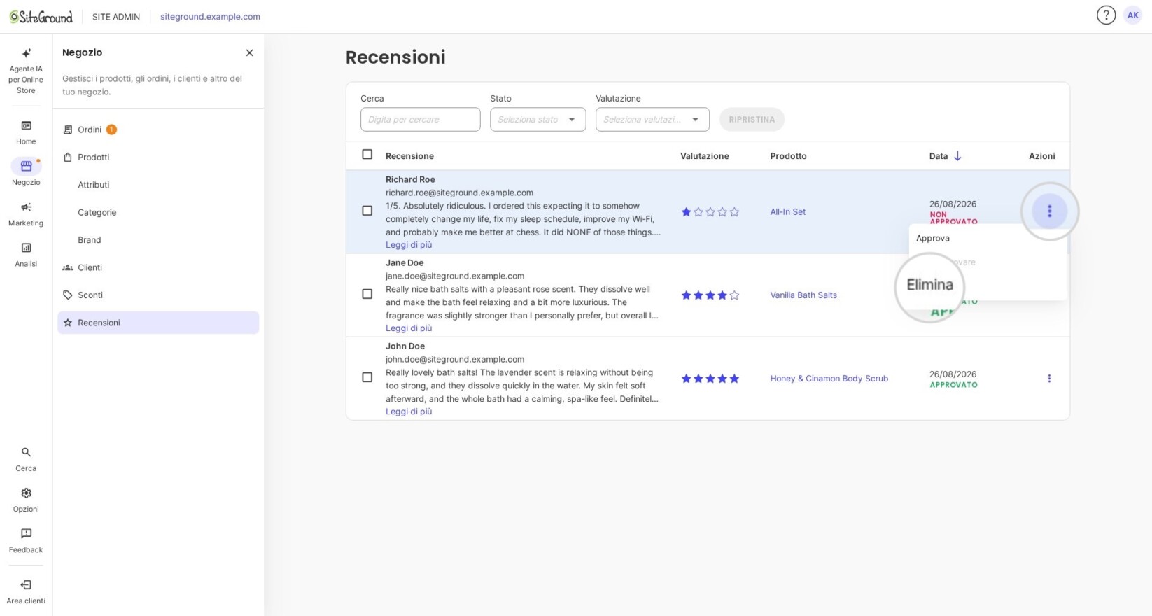Menu Azioni con l'opzione 'Elimina' per una recensione di prodotto