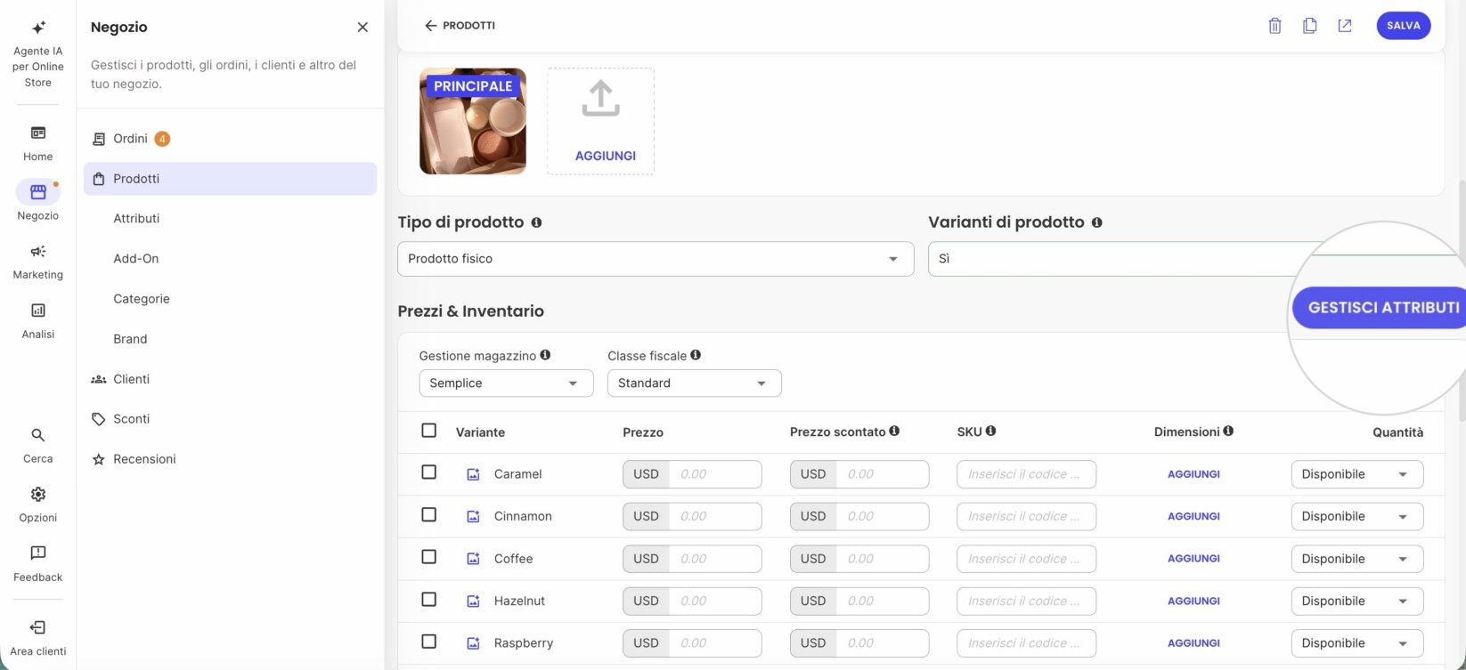 Pulsante Gestisci attributi all'interno di un editor di prodotti in Ecommerce