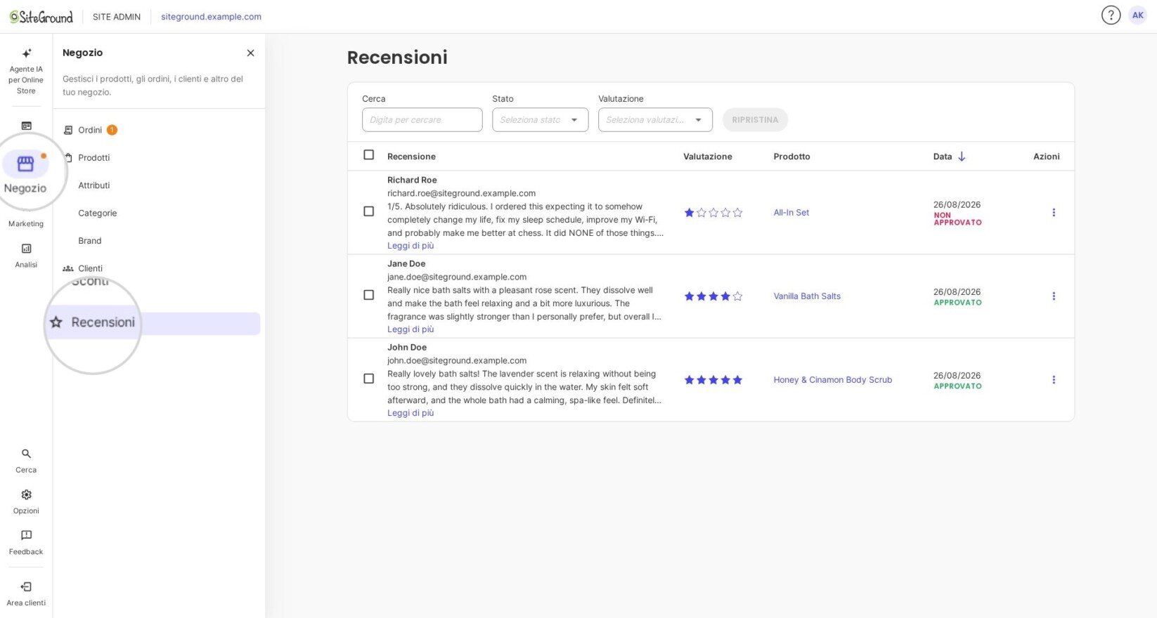 Pagina delle recensioni dei prodotti nel gestore del negozio con elenco delle recensioni