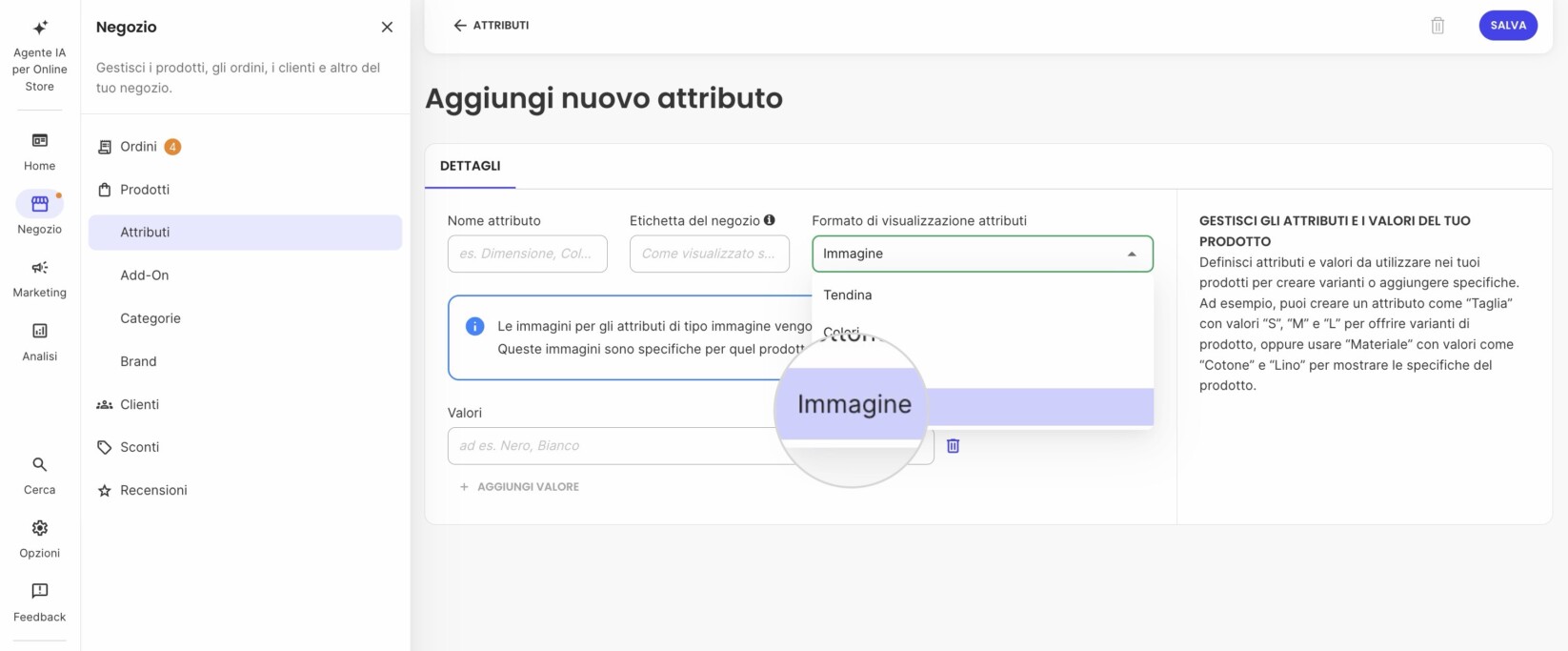 Menu Formato di visualizzazione attributo per aggiungere un nuovo attributo in Ecommerce dove è selezionato il tipo Immagine