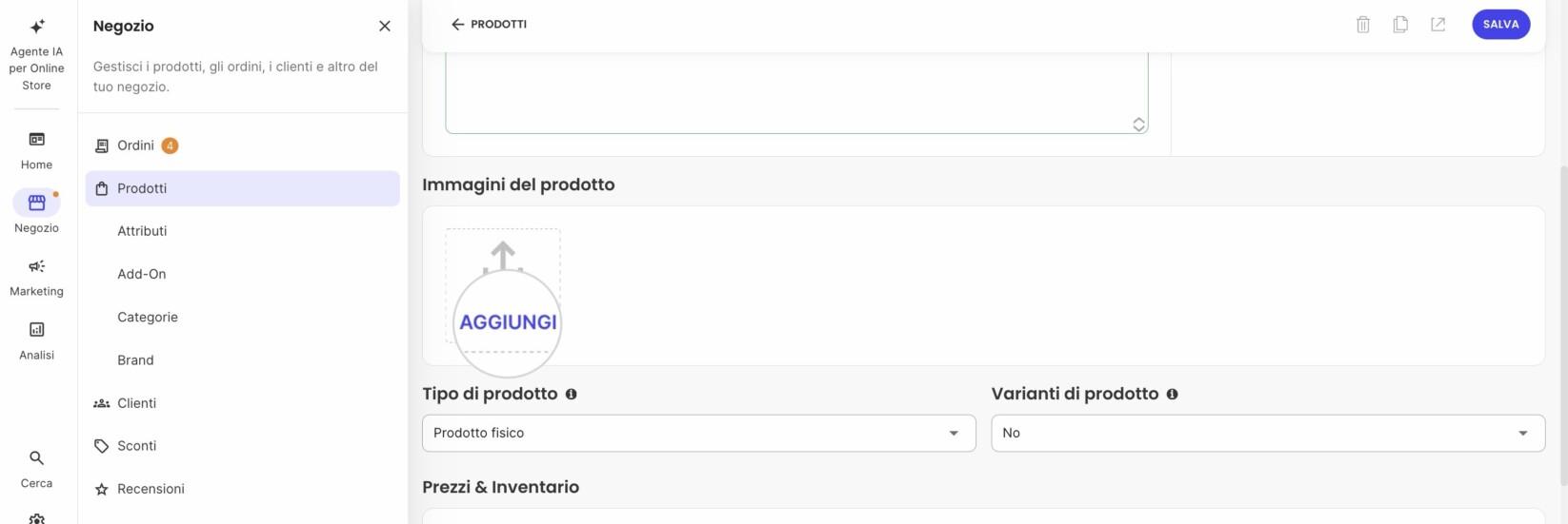 Pulsante per aggiungere immagini a un nuovo prodotto