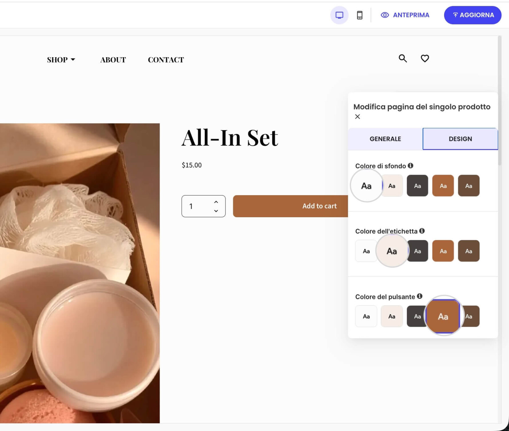 Finestra delle impostazioni per la pagina Prodotto Singolo che mostra le impostazioni di design