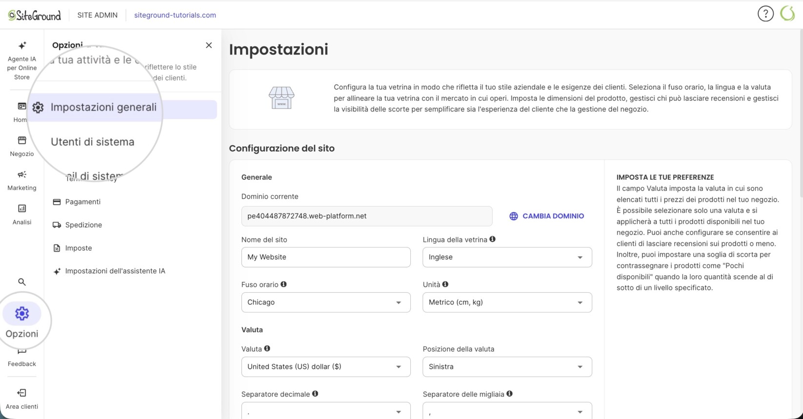 Pagina delle impostazioni del negozio in SiteGround Ecommerce 