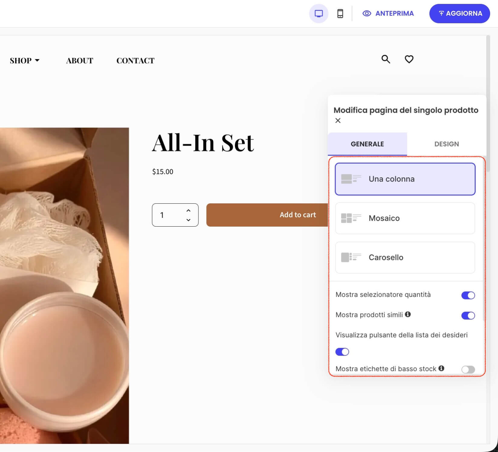 Finestra delle impostazioni per la pagina Prodotto Singolo che mostra le impostazioni generali
